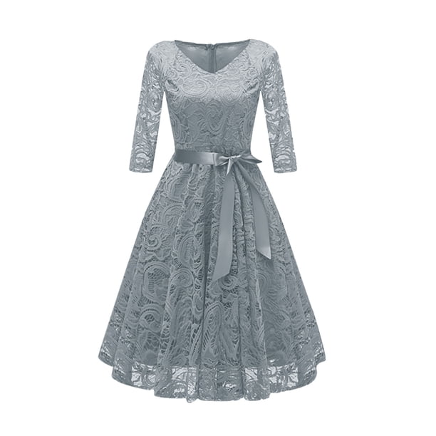 Vestido de encaje de manga larga sexy con cuello en V y temperamento vintage para mujer Fridja nbo4378