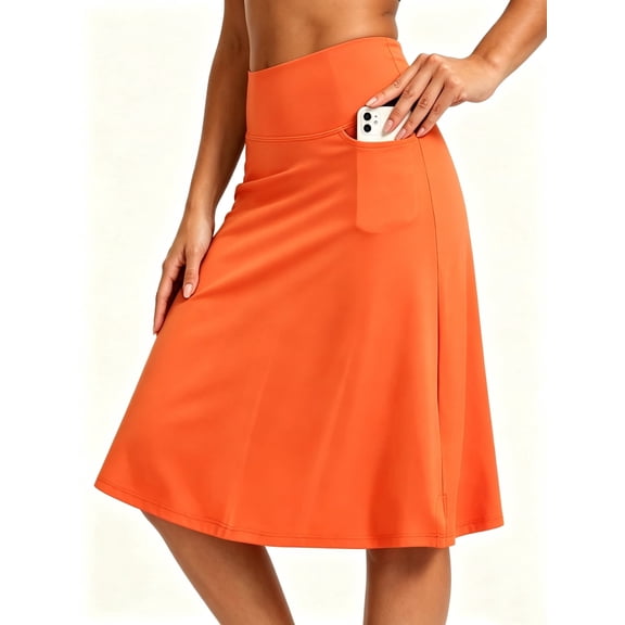 DENTOYOU Skorts Skirts for Women with Pockets Knee Length Skort High Waisted Pickleball Athletic Skirts Casual Tennis Golf Skirts UV Protection Orange S