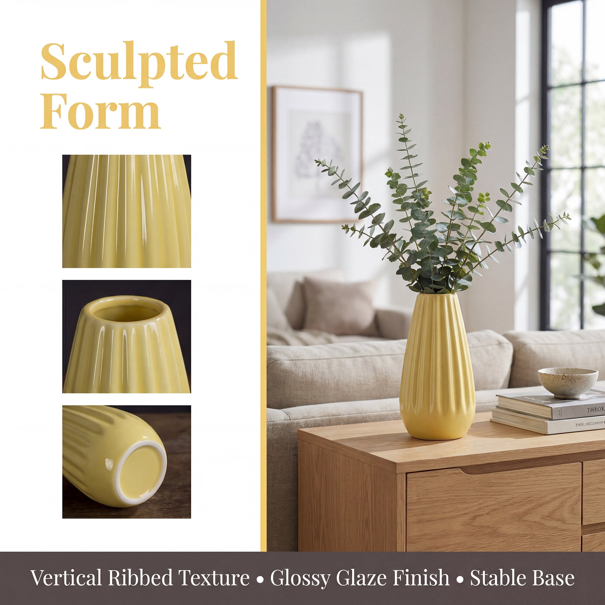 Unique Bargains Small Ceramic Matte Ribbed Flower Vase Yellow 2.4"L x 2.4"W x 5.1"H