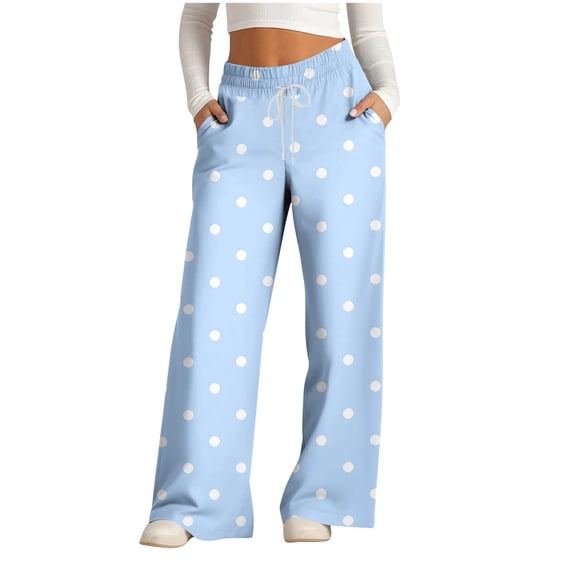 Zysthvn Wide Leg Womens Comfy Pants Summer Polka Dot Plus Size Casual Trousers for Women Breathable Drawstring with Pockets Loose Pants
