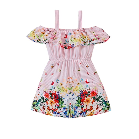 Vividxx Girls Romper Jumpsuit Casual Summer Onesie Striped Strapless Playsuit With Ruffle Hem For Toddler Kids O-Neck Classic Dailywear