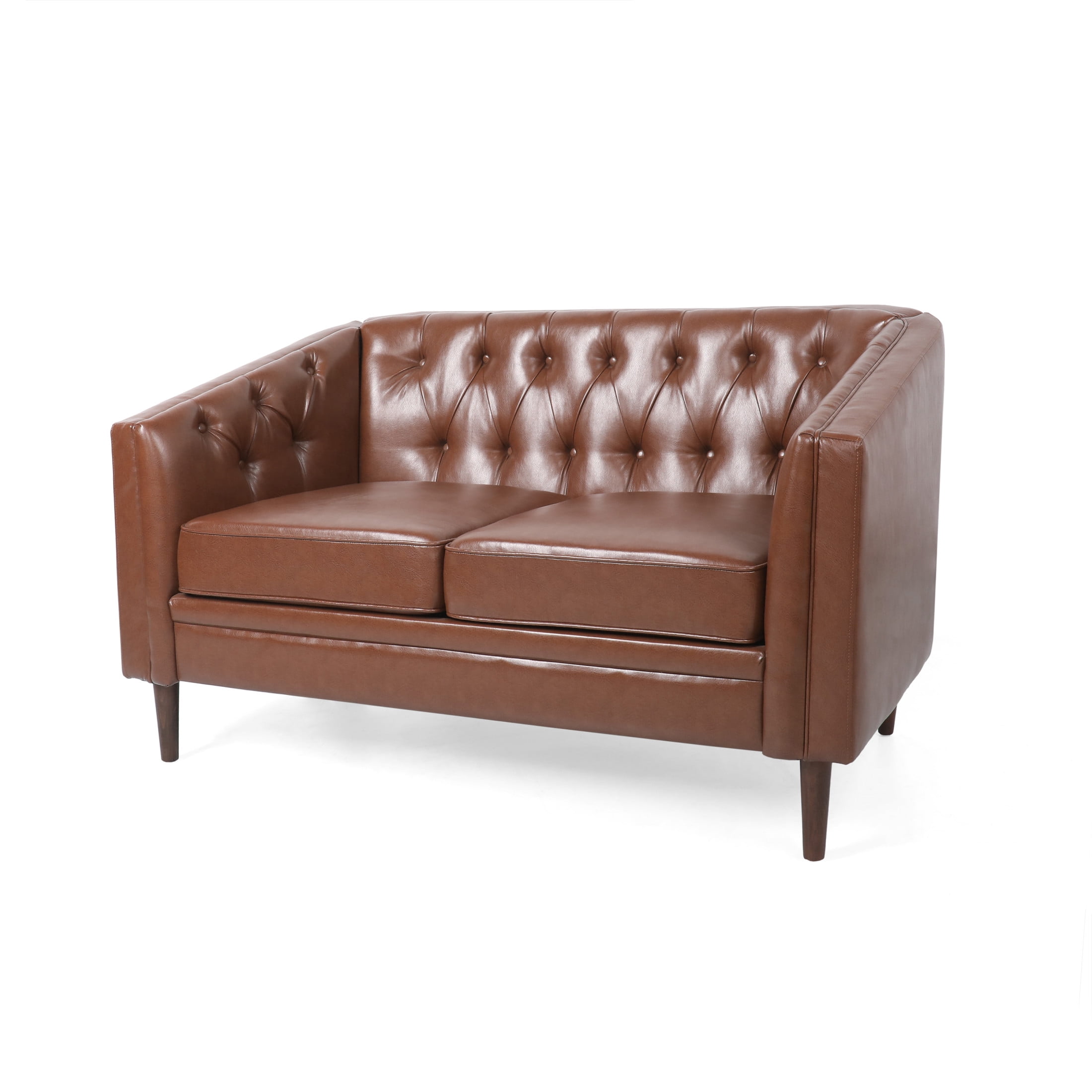 Noble House Brookover Contemporary Faux Leather Tufted Loveseat, Cognac Brown and Espresso