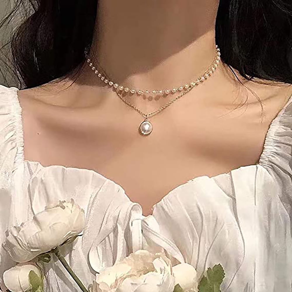 Pearl Layered Necklace for Women Double Pearl Choker Necklace
