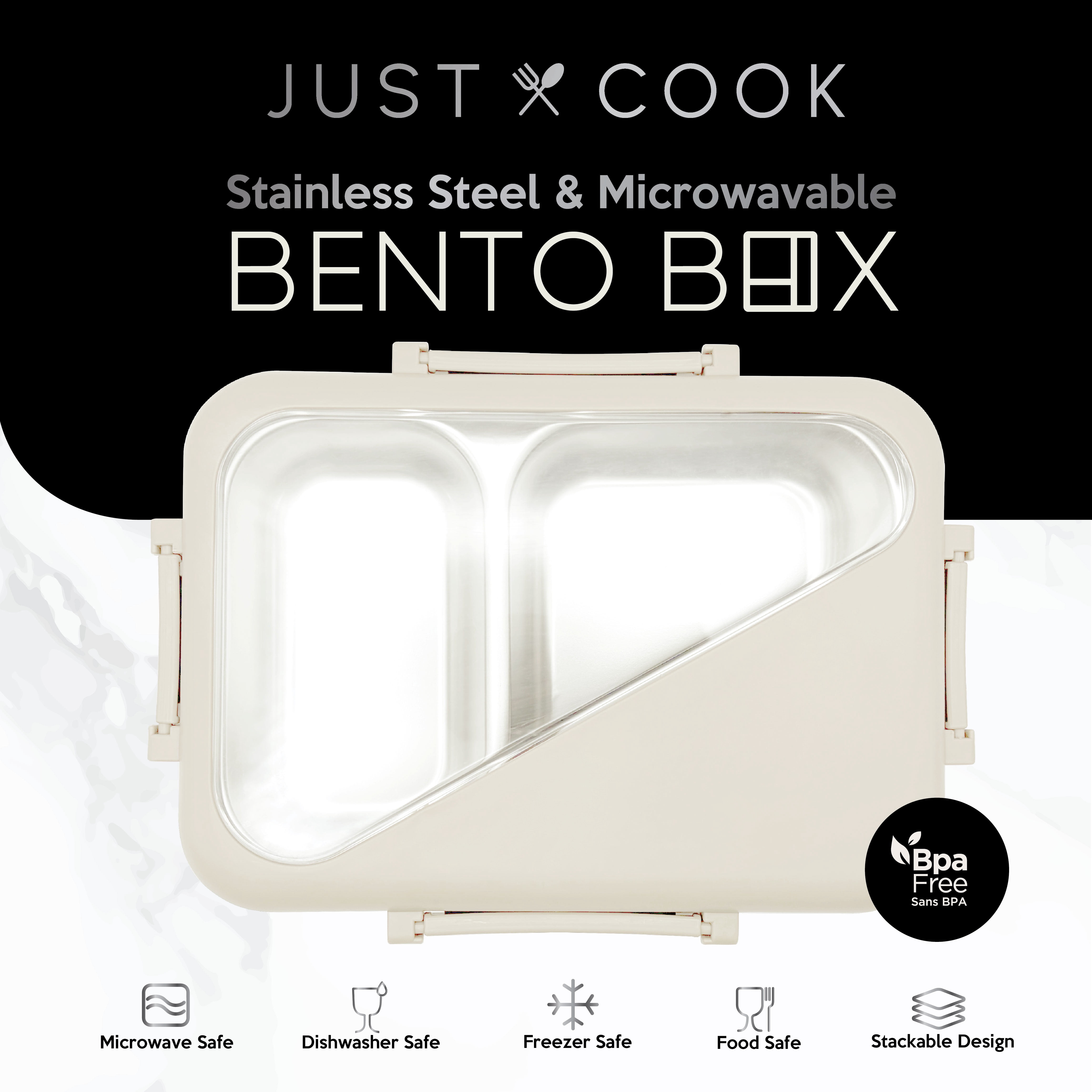 Just Cook 2 Section Microwave Safe Stainless Steel Bento Box 900 ml - Coconut Milk