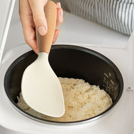 

Silicone Rice Spoon - Non-Stick Cookware with Wooden Handle - Heat Resistant Rice Spatula for Cooking Serving and Kitchen Use - Easy Clean & Space-Saving Design