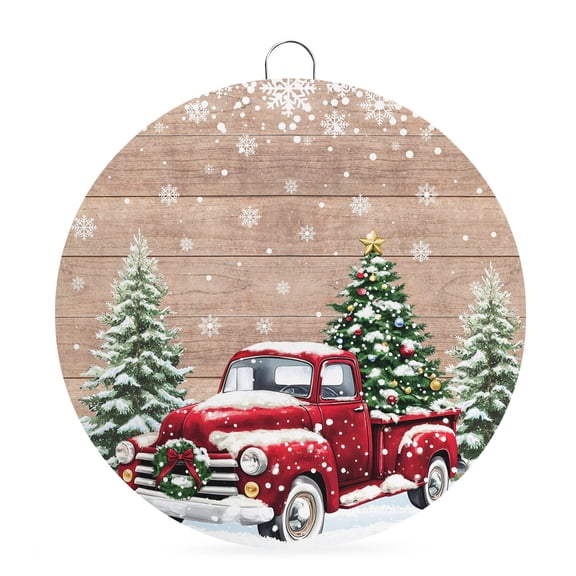 Welcome Sign for Front Door,Christmas Red Truck Round Metal Welcome Front Porch Decor,Winter Farmhouse Snowflakes Wooden Grain Wall Hanging Sign for Living Room Kitchen Hallway Housewarming Gift 8''