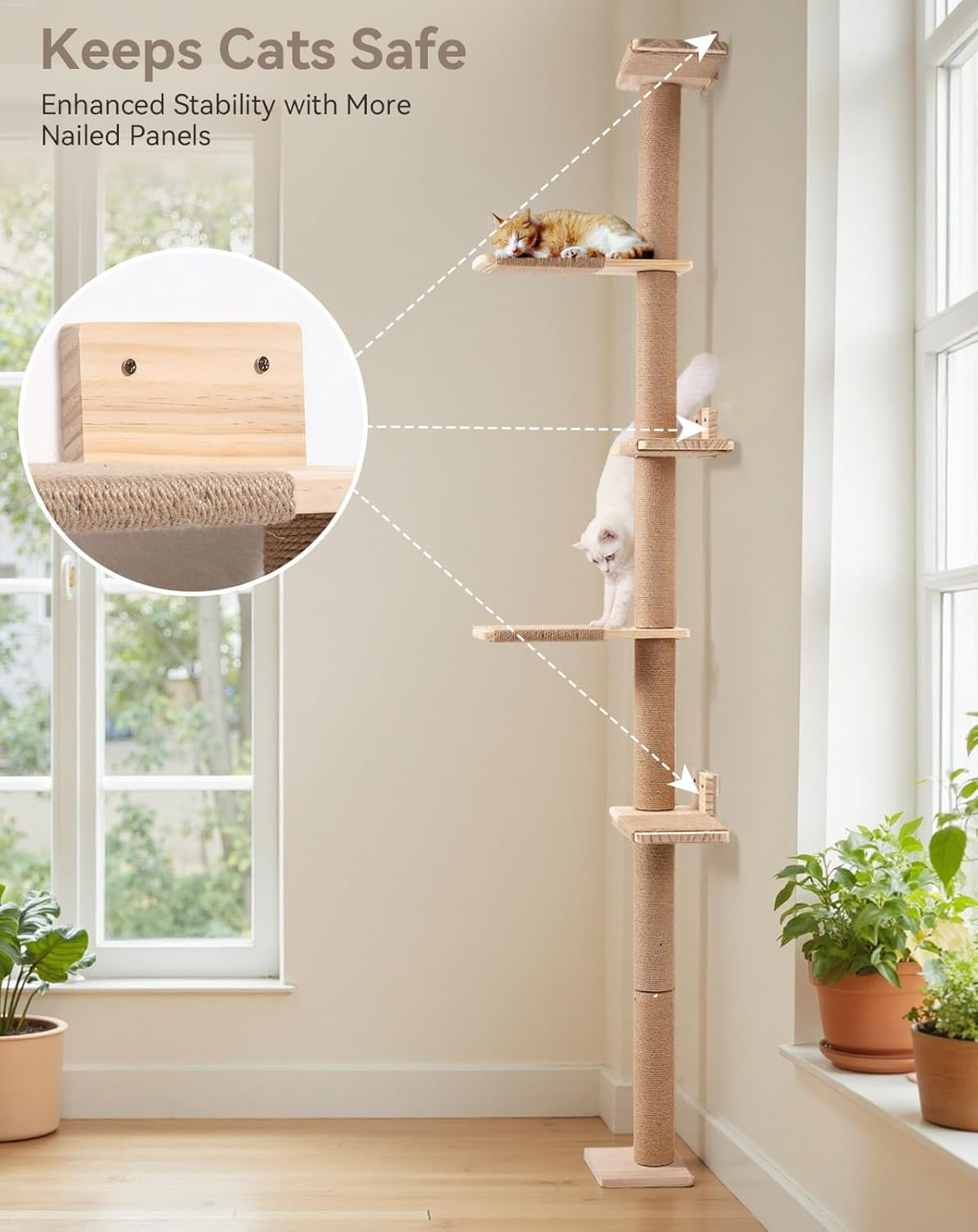 Tall Cat Tree for Wall 83.9inch, Wood Cat Wall Shelves for Kittens, Wall-Mounted Cat Tower with Scratching Post for Play, Climb & Scratching, 5 Tier Platforms