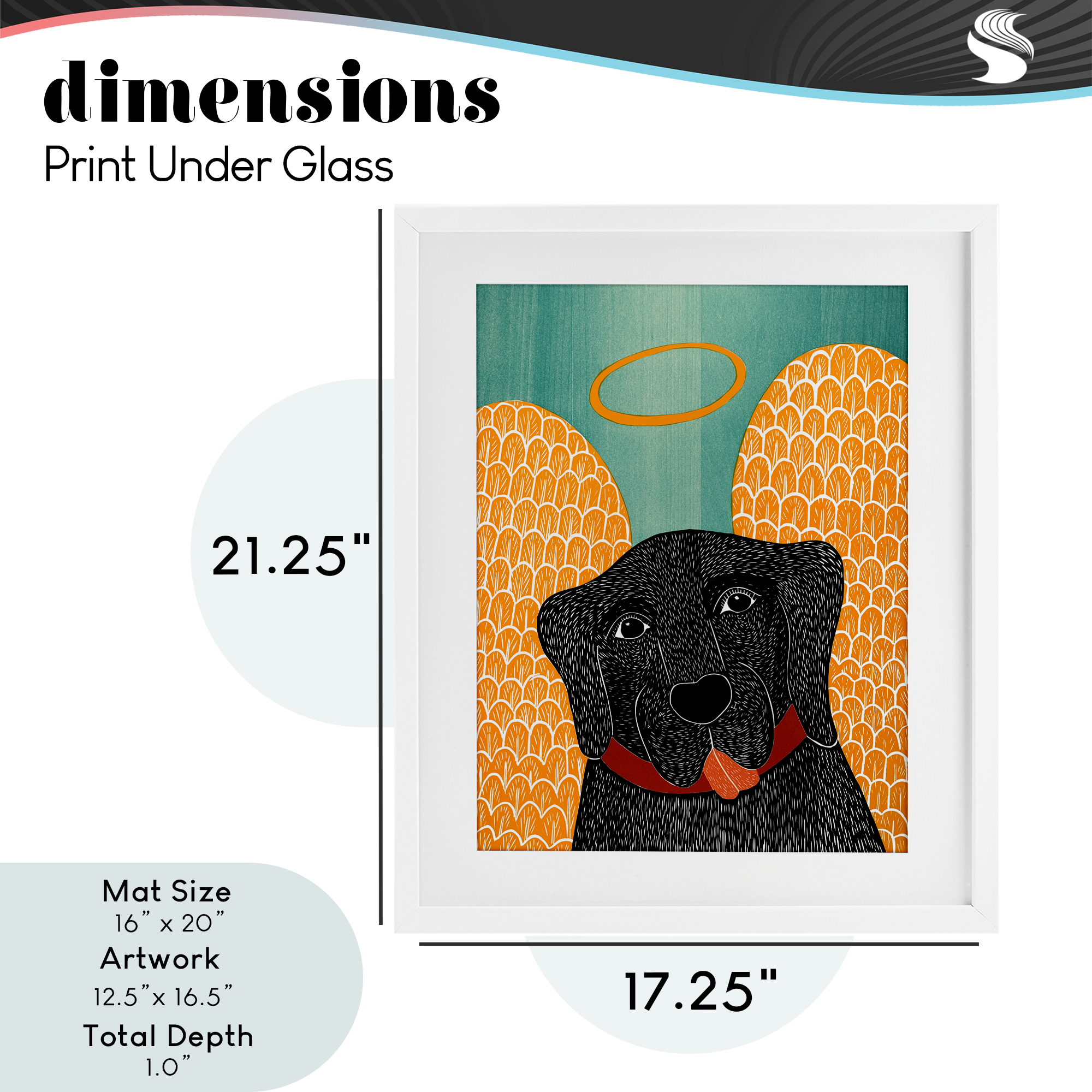 Dog Angel with Yellow Wings White Framed Print Under Glass, design by Stephen Huneck