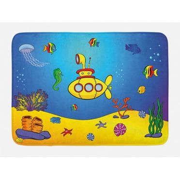 Yellow Submarine Bath Mat, Nautical Kids Colorful Fish Underwater Jellyfish Seahorse Shells Starfish, Non-Slip Plush Mat Bathroom Kitchen Laundry Room Decor, 29.5 X 17.5 Inches, Blue Yellow, Ambesonne