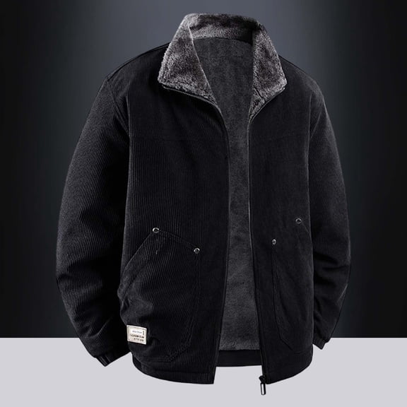 Men’s Corduroy Jacket Winter Wind-Proof Fleece Lined Collared Vintage Coat (Black XXXXL)