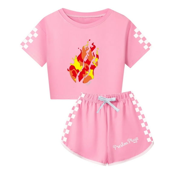 Girls Preston Playz Game Apparel – Flame Graphic Crop Tee and Casual Shorts Set Summer Outfit for Young Fans