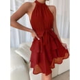 thumbnail image 6 of Women'S Tie Sleeveless Ruffle Hem Dress Patchwork Design Summer Chic Beach Party Gown Red XL, 6 of 8