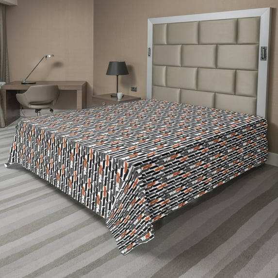Retro Flat Sheet, Vintage Style Intertwined Curvy Lines Abstract Theme Pattern Art, Soft Comfortable Top Sheet Decorative Bedding 1 Piece, 6 Sizes, White Grey and Burnt Sienna, by Ambesonne