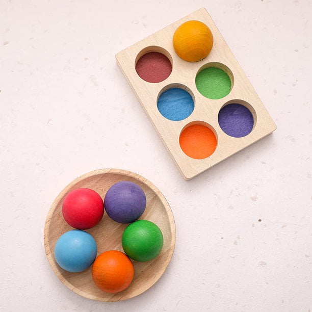 Wooden Color Sorting Balls Game Peg Board Rainbow Color Matching Toys 6 Pcs Activities Balls