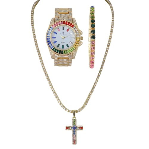 Charles Raymond Women's Baguette Cut Rainbow Iced Out Watch combs of you choices With Tennis Bracelet or Necklace with Matching Diamond Crystal Set - Rainbow-23 (18", ST10372MLA GLD Cross set)