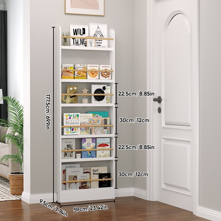 Kids Behind The Door Bookshelf - Slim Wall Mounted 3-Tier Organizer In Warm White (23.7×4×35.1 In)