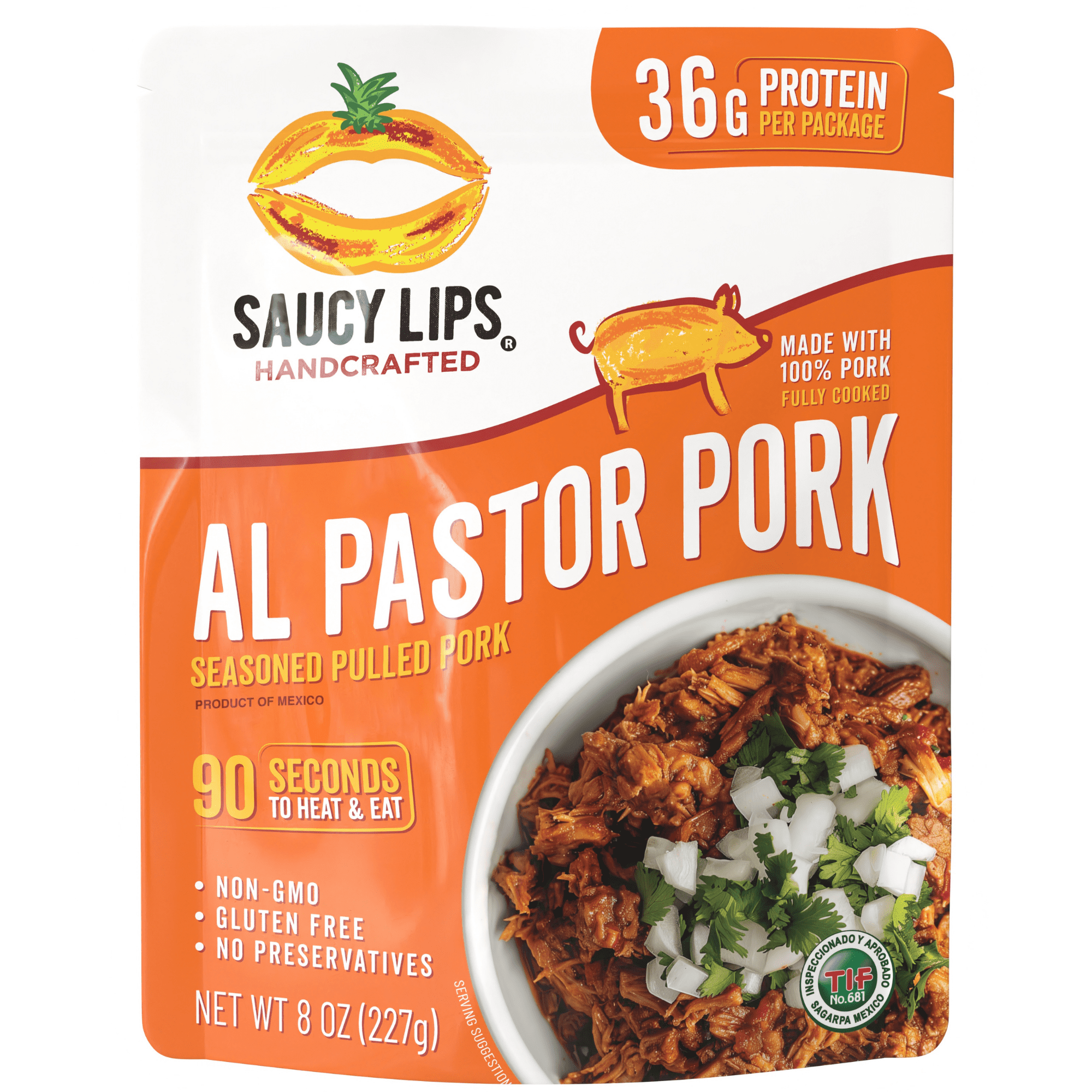 Saucy Lips Ready-To-Eat Al Pastor Seasoned Pulled Pork, 36g Protein, 8 oz Pouch