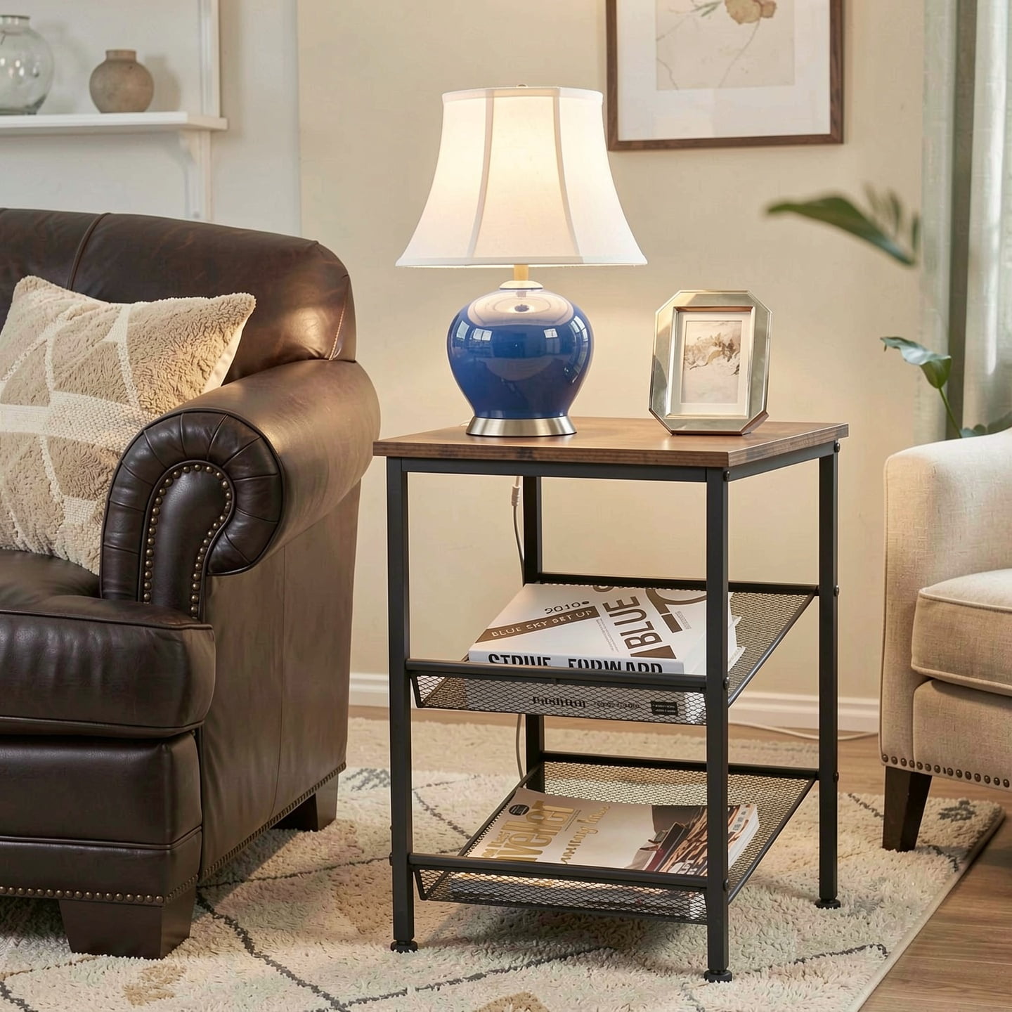 Furnibear 3-Tier Industrial End Table with Adjustable Mesh Shelves, Rustic Brown Wood and Metal Accent Table for Living Room, Bedroom, and Office