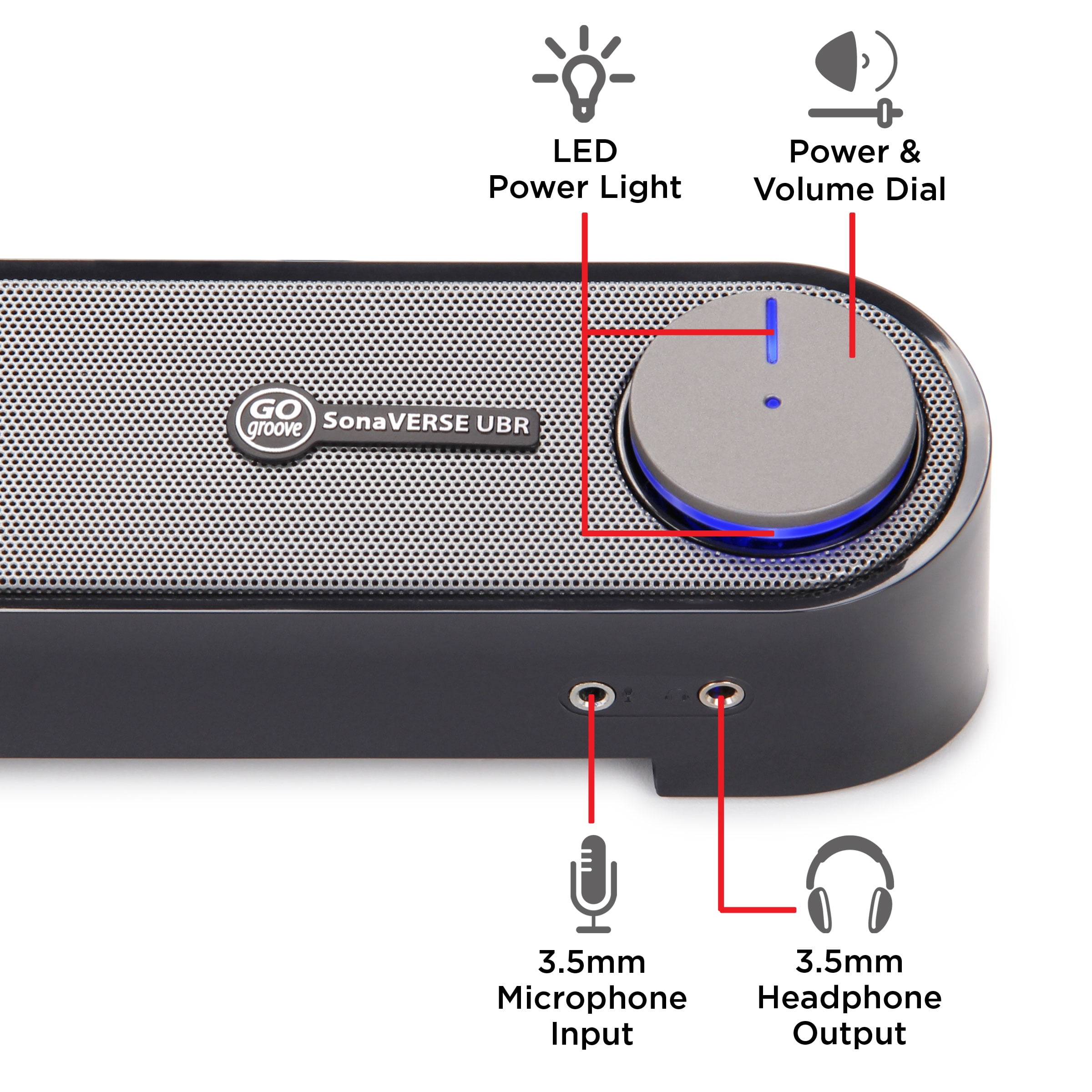 GOgroove UBR USB Computer Sound Bar Speaker with Angled Design and 3.5mm Headphone & Microphone Jack