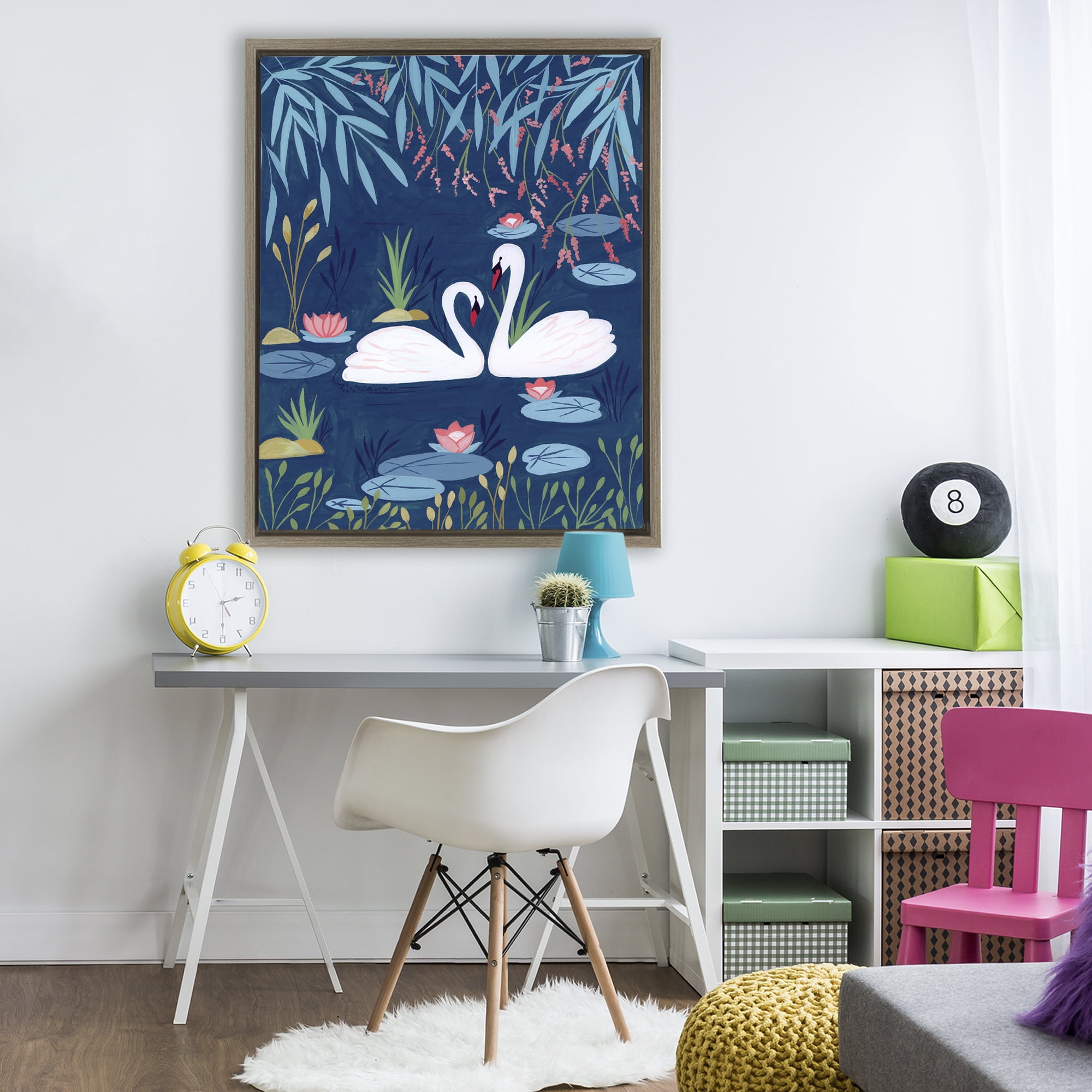 Swan Pair on Blue Pond Brown Framed Floater Canvas Wall Art, design by Nabeela Rumi