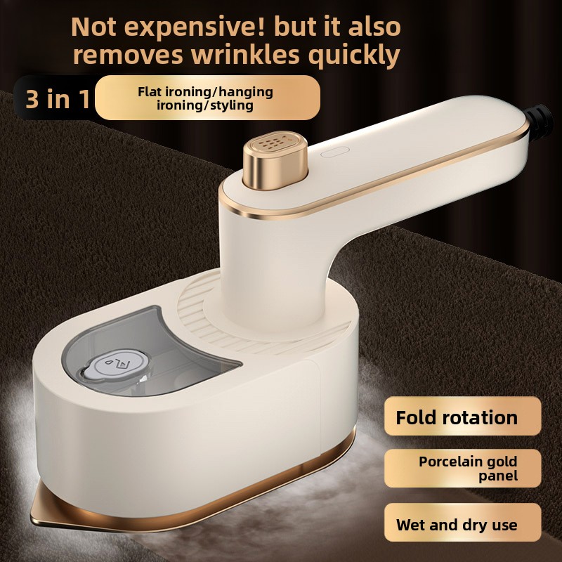 Hand-held iron, wet and dry, fast steam outlet, foldable design, with base, suitable for clothes wrinkle removal and styling.