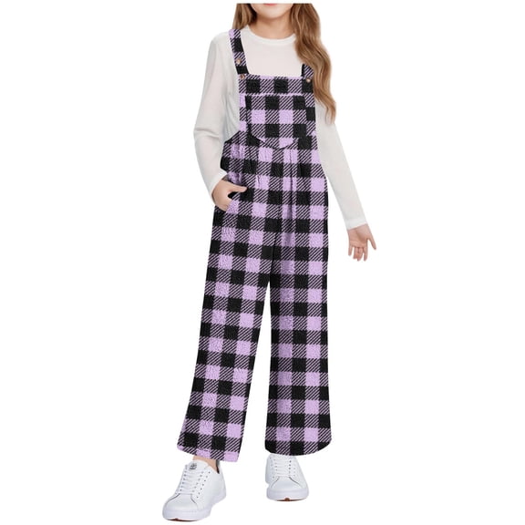 Favoffer Big Girls Sleeveless Jumpsuit Fall Winter Graphic Plaid Elastic Waist Adjustable Strap Fleece Lined Straight Leg Pocket Overalls Outdoor Travel Daily Casual 5-14Y