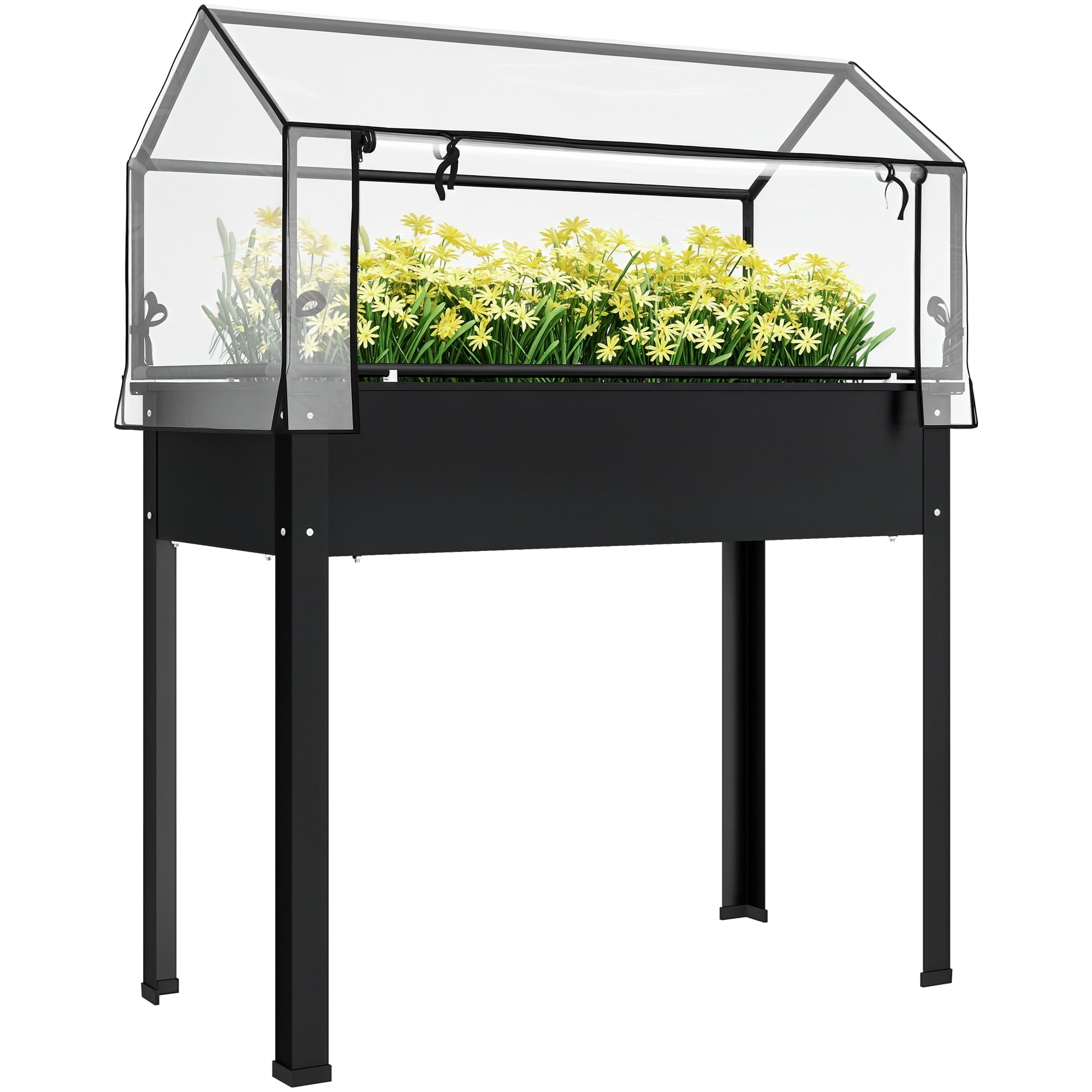 Outsunny Raised Garden Bed with Greenhouse Cover, Elevated Garden Box with Legs and Drainage Hole for Vegetables, Black