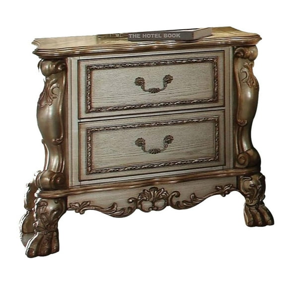 Benzara Wooden Nightstand with Two Drawers, Gold & Bone White