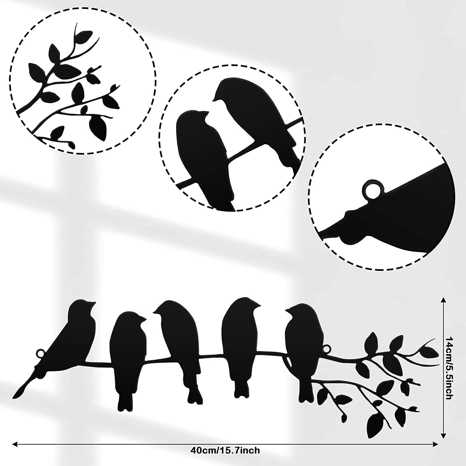 Metal Bird Wall Art - Leaves With Birds Silhouette Sculpture, 12x10.6 Inch Branch Wall Hanging