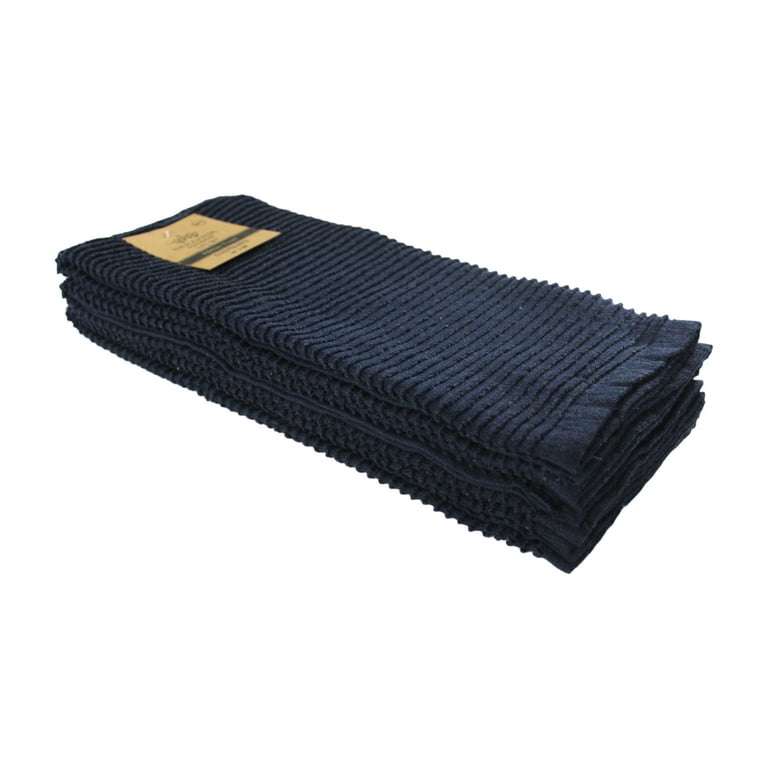 Serafina Home Oversized Solid Color Dark Navy Blue Kitchen Dish Towels: 100% Cotton Cloth Soft Cleaning Drying Absorbent Ribbed Terry Loop, Set of 3