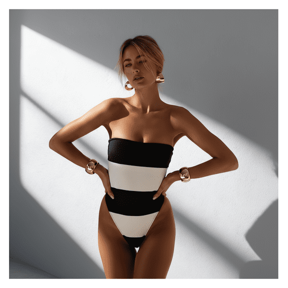Black and White Stripe Bandeau Swimsuit - Women's One Piece Swimwear, Removable Straps, Classic Design, Comfortable Bathing Suit for Beach, Pool, Vacation, Sizes 4-16
