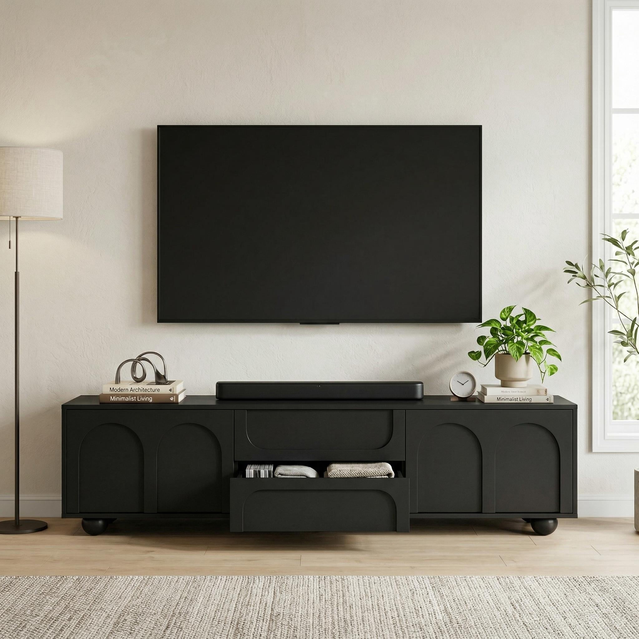 Homy Casa TV Stand for TVs up to 75", Modern Black Entertainment Center with Drawers