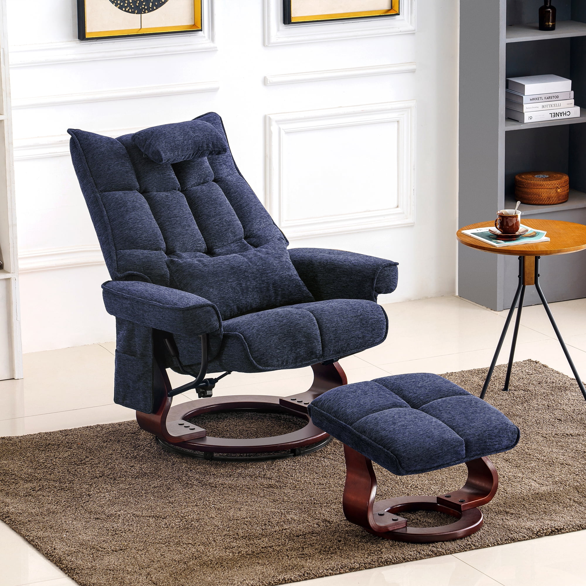 Mcombo Swivel Recliner with Ottoman, Massage TV Chairs with Neck Pillow and Side Pocket for Living Reading Room, Chenille Fabric 4188