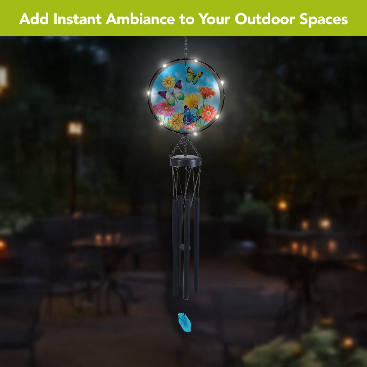 Briarwood Lane Spring LED Illuminated Solar Powered Glass Suncatcher  Wind Chime 37x8 Welcome Butterflies For Spring Wind Chime For Outdoors Melodic Metal Windchimes Wind-Chimes