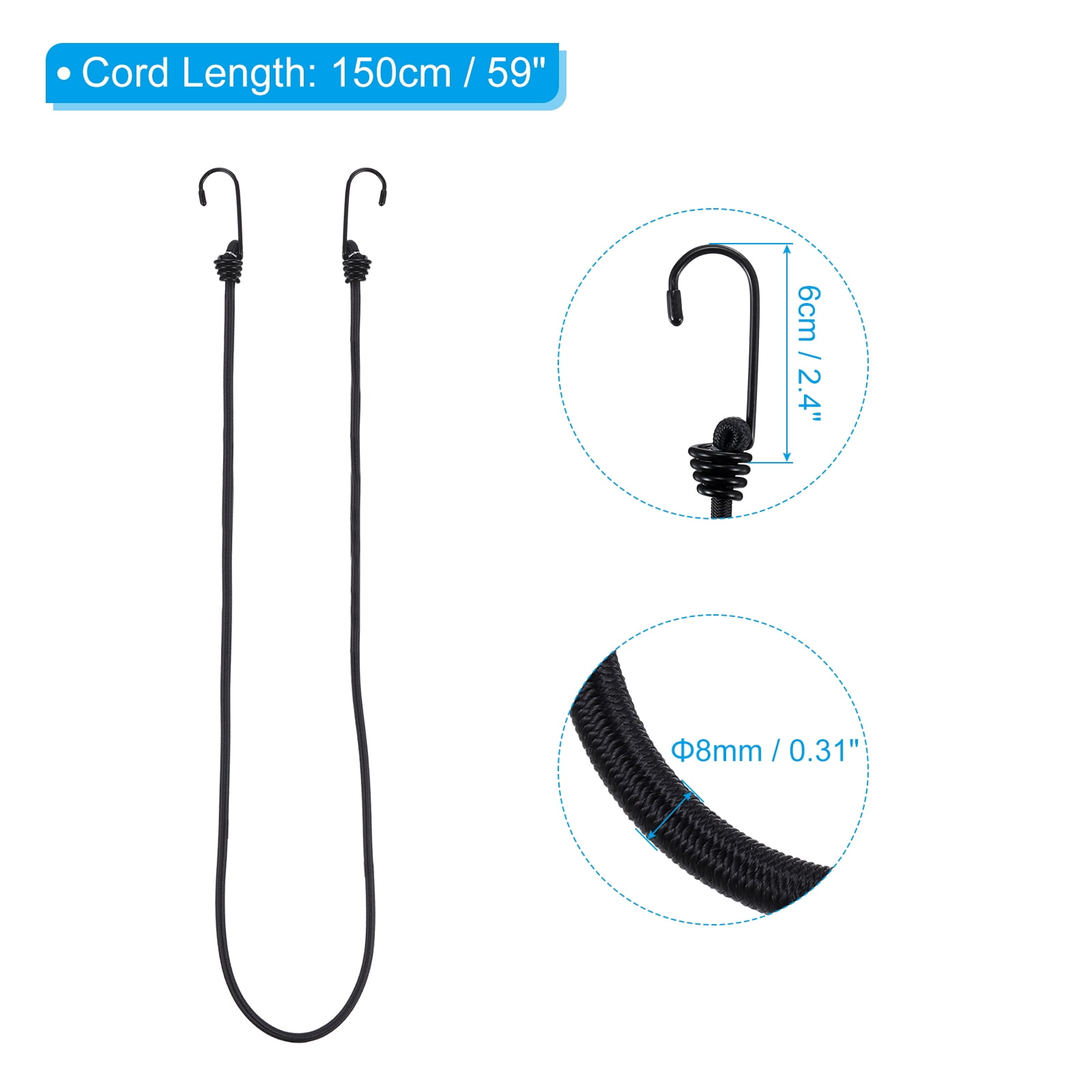 Uxcell Bungee Cord with Hooks, 59 inch Reflective Elastic Rope Outdoor Strapping Tape Hook, Black 4 Pack