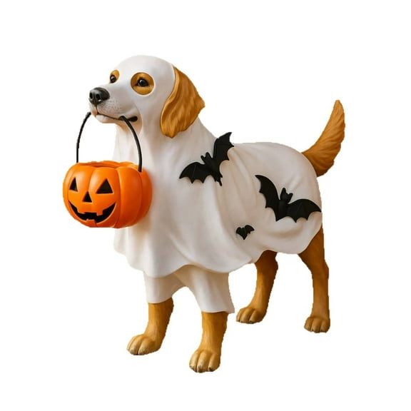 CuiLiyq Halloween Ghost Dog Decoration with Pumpkin Holder, Halloween Resin Dog Ghost Indoor Decor, Fall Animal Statues for Homes Yards Garden Table Party Decor