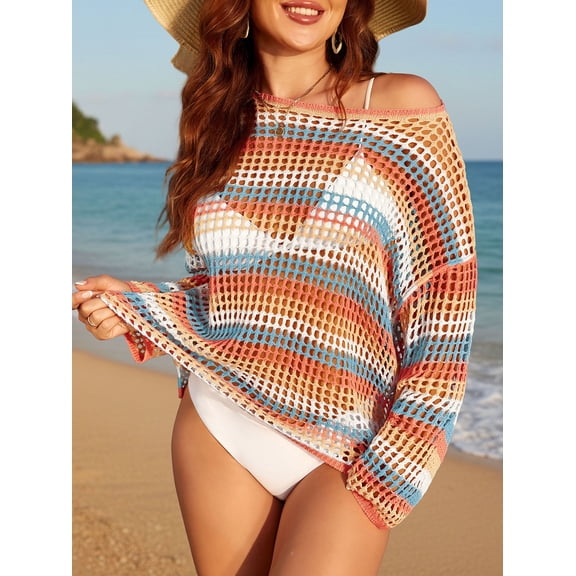 Cueply Crochet Swimsuit Coverup for Women Striped Swimwear Bathing Suit Beach Cover Up Top