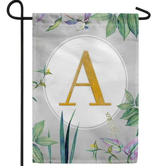 America Forever Simply Golden Monogram A Garden Flag, 12.5 x 18 inch Double Sided, Floral Letter Banner, Spring Yard Decoration