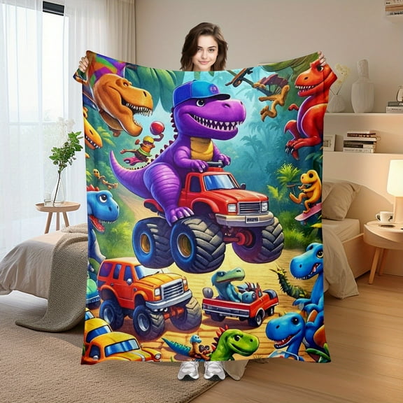 Purple Dinosaurs And Playful Cars In A Lush Animated Forest Scene for A Whimsical And Cozy Throw Blanket That Adds A Touch Of Adventure And Comfort to Your Living Space