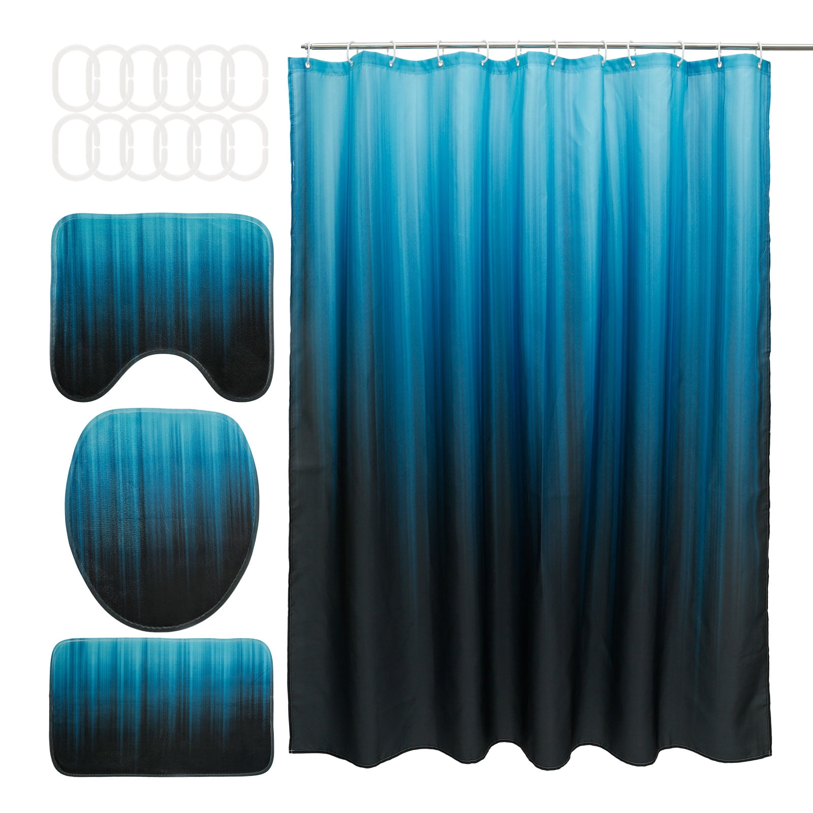 Black and Teal Ombre Shower Curtain Set with Rug, 16pc Modern Bathroom Decor Set, 72" x 72"