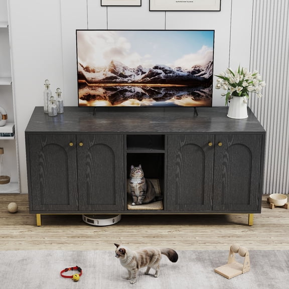 Wooden Cat Litter Box Enclosure Black Color Large Capacity Double Magnetic Door Design Litter Box Furniture Enclosure Cabin with Scratching Pad