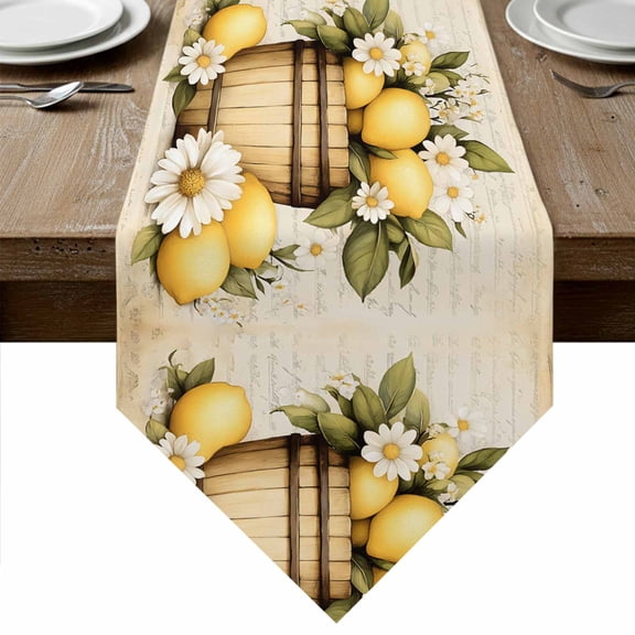 Vintage Lemon Table Runner Linen Burlap Table Runner 60 Inches Long Yellow Fruit Blossoming Botanical Flower Dresser Scarves for Kitchen Island Coffee Dining Party Wedding Holiday Decor 13"x60"