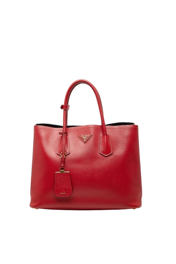 Pre-Owned Prada Triangle Logo Plate Handbag Tote Bag Red Saffiano Leather Women's PRADA