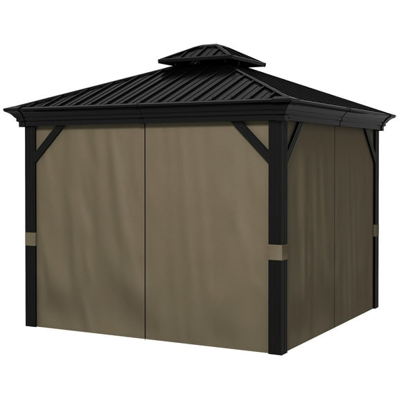Homiyad 10x10 Gazebo Hardtop, with Curtains, Nettings, Metal Double Roof, Aluminum Frame and Hooks, for Garden, Patio, Dark Brown | Aosom.com