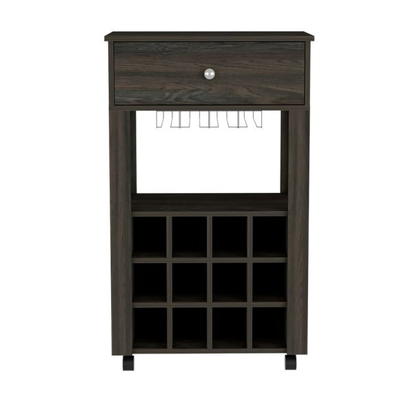 Nmkwnr Wood Bar Cart with 12 Wine Rack and Wheels, Dark Brown