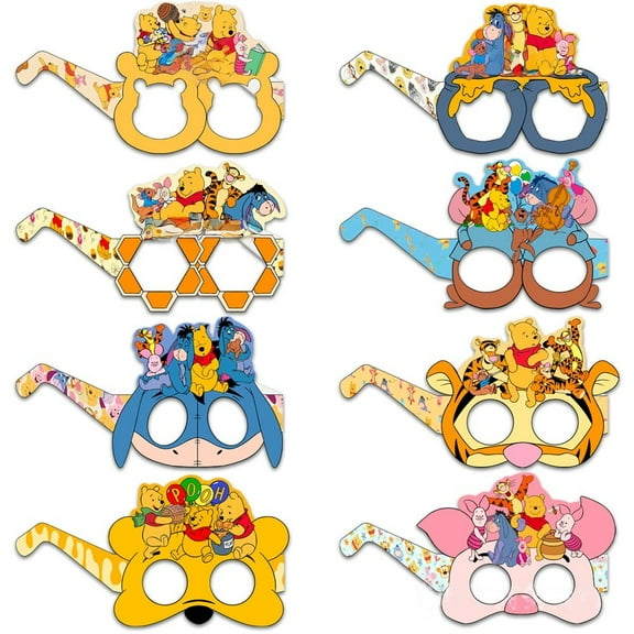 16PCS Winnie the Pooh Themed Party Glasses Supplies Decoration, Fun Kids Party Favors，Dress Up Masks Photo Booth Prop，Cartoon Character Cosplay Decor