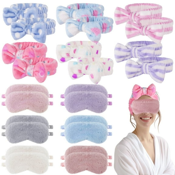 Sleepover Party Eye Mask Headband, 24 PCS Eye Mask and Headband, Sleepover Party Favors for Teenagers Women, SPA Party Soft Plush Sleep Eye Cover, Elastic Bow Hair Band