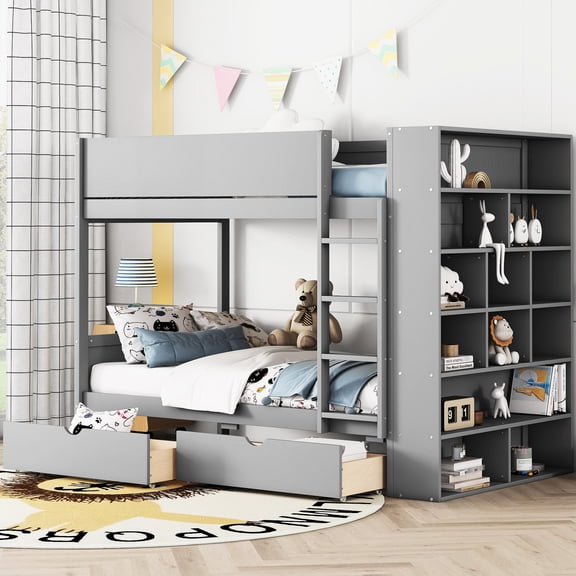 Twin Over Bunk Bed With 2 Drawers And Cabinet In Gray - Ideal For Small Spaces Practical Multi-layer