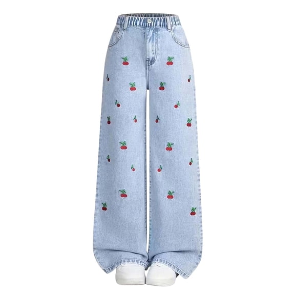 Girls Wide Leg Jeans with Cherry Embroidery Stretchy Denim Pants Light Wash Casual Daily Wear for Kids Sizes 5-16 Years,Size 12-13 T