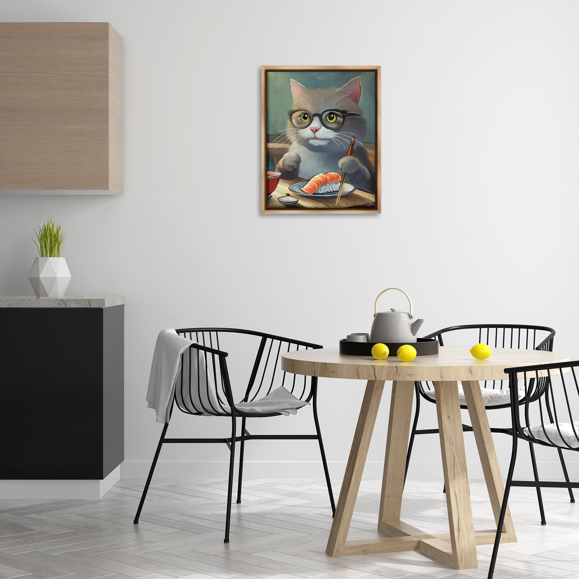Stupell Industries Cat Eating Sushi Food & Beverage Painting Brown Floater Framed Canvas Art Print Wall Art, 17 x 21